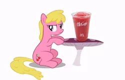 Size: 800x512 | Tagged: cherry berry, cup, derpibooru import, drink, mcdonald's, mushroom, pun, safe, sitting, slushie, solo, table, visual pun