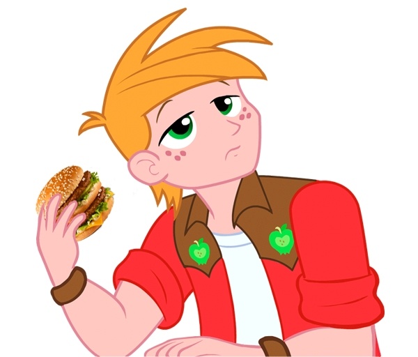 Size: 600x512 | Tagged: safe, derpibooru import, big macintosh, equestria girls, big mac (burger), burger, food, hamburger, macception, mcdonald's, product placement, pun, sandwich, solo, visual pun