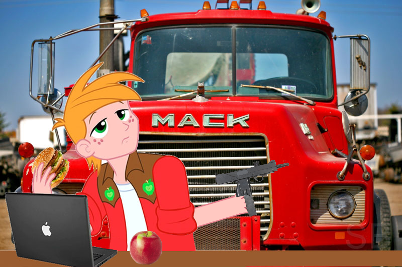 Size: 800x533 | Tagged: safe, derpibooru import, edit, big macintosh, equestria girls, 1000 hours in ms paint, apple, apple (company), bad edit, big mac (burger), broken arm, burger, computer, food, gun, hamburger, joke, laptop computer, mac-10, macception, mack truck, mcdonald's, mcintosh, mcintosh apple, product placement, pun, quality, sandwich, solo, truck, visual pun, weapon