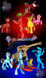 Size: 690x1157 | Tagged: safe, artist:shovahkiin, derpibooru import, caboose, tex, ponified, pony, andy, bipedal, church, doc, donut, female, food, grif, gun, helmet, lopez, o'malley, red vs blue, sarge, sheila, simmons, sister, tucker, weapon