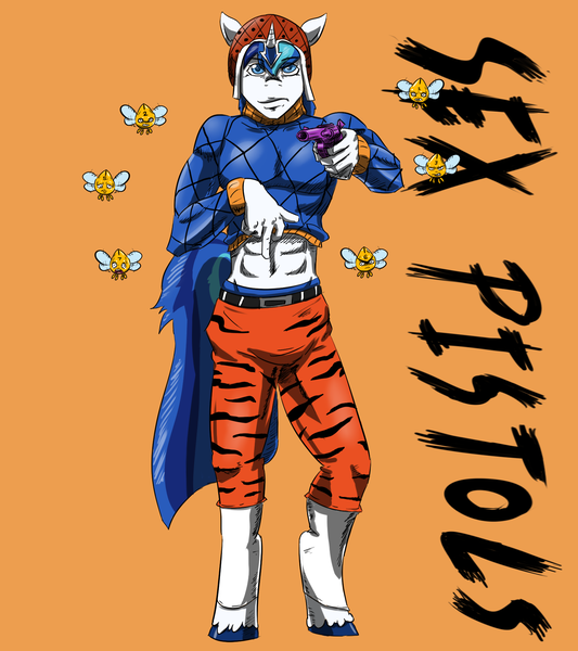 Size: 1600x1800 | Tagged: anthro, artist:plankboy, belly button, derpibooru import, guido mista, jojo's bizarre adventure, parasprite, parody, safe, sex pistols, shining armor, solo, stand, vento aureo