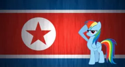 Size: 720x388 | Tagged: awful res, cover image, derpibooru import, flag, looks worse than kim jong-il's corpse, lowres, north korea, north korean flag, patriotism, rainbow dash, rainbow dash salutes, safe, salute, stars
