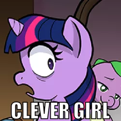 Size: 500x500 | Tagged: safe, artist:muffinshire, derpibooru import, edit, spike, twilight sparkle, comic:twilight's first day, baby, baby spike, caption, clever girl, cropped, female, filly, filly twilight sparkle, image macro, jurassic park, needs more jpeg, text, vomit, younger