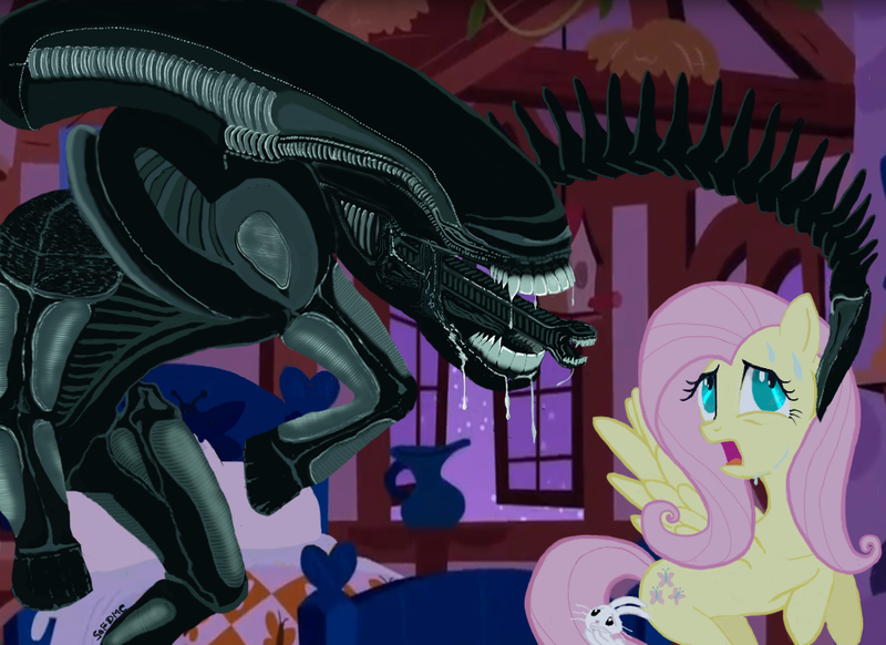 Size: 1000x727 | Tagged: alien, alien (franchise), artist:sofdmc, cover art, crossover, derpibooru import, fanfic, fluttershy, semi-grimdark, the creature that came to ponyville, xenomorph