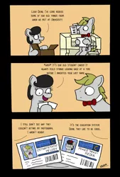 Size: 735x1086 | Tagged: safe, artist:bobthedalek, derpibooru import, oc, oc:mixed melody, oc:octavia's father, oc:octavia's mother, oc:ostinato melody, unofficial characters only, earth pony, pony, cardboard box, comic, duo, musical instrument, organ, paper, parent, pencil, sheet music, university