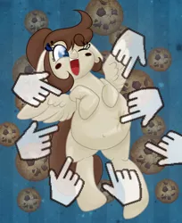 Size: 596x732 | Tagged: artist:wizardski, belly, belly button, chubby, click, cookie clicker, derpibooru import, fat, floppy ears, oc, oc:cookie dough, oc:cookie dough (trottingham), on back, one eye closed, open mouth, poking, pun, safe, smiling, solo, spread wings, tickling, unofficial characters only, wings, wink