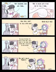 Size: 785x1018 | Tagged: safe, artist:bobthedalek, derpibooru import, octavia melody, vinyl scratch, oc, oc:mixed melody, oc:octavia's mother, earth pony, pony, unicorn, bonnet, booties, cello, comic, feeding, female, highchair, marmite, mothers gonna mother, musical instrument, wind