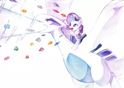 Size: 1280x919 | Tagged: safe, artist:jiayi, derpibooru import, rarity, lugia, pony, unicorn, crossover, duo, female, fight, flying, gem, mare, pokémon, ponies riding pokémon, riding, spread wings, traditional art, watercolor painting, wings