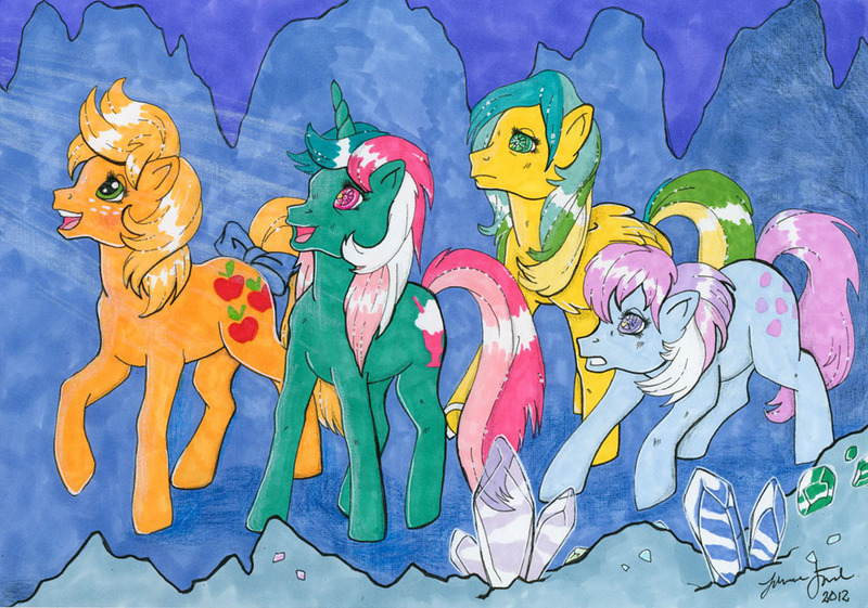 Size: 998x700 | Tagged: applejack (g1), artist:jo-san, cave, comic:applejack's amazing adventure, crystal, derpibooru import, fizzy, g1, masquerade (g1), safe, scene interpretation, sweet stuff, traditional art, twinkle eyed pony