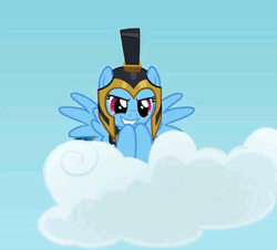 Size: 424x384 | Tagged: animated, cloud, commander hurricane, cropped, derpibooru import, grin, hearth's warming eve, hearth's warming eve (episode), helmet, plotting, rainbow dash, safe, screencap, smiling, solo, soon