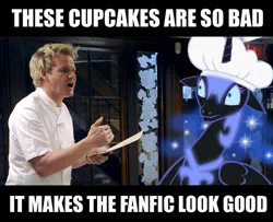 Size: 799x648 | Tagged: artist:yenamuffin, caption, chef's hat, derpibooru import, fanfic:cupcakes, gordon ramsay, hat, image macro, nightmare moon, safe, text