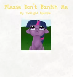 Size: 1465x1544 | Tagged: :<, artist:bri-sta, banishment, book, cute, derpibooru import, fanfic, fanfic art, female, filly, floppy ears, fluffy, looking up, pouting, sad, safe, solo, text, twilight sparkle, where a mind roams, younger