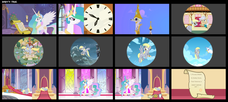 Size: 5373x2411 | Tagged: safe, artist:sbbbugsy, derpibooru import, derpy hooves, gilda, mayor mare, princess celestia, gryphon, pegasus, pony, checklist, decree, derpy hooves' day, female, mare, message, messenger, reward, sleeping, throne, throne room, tired, trial