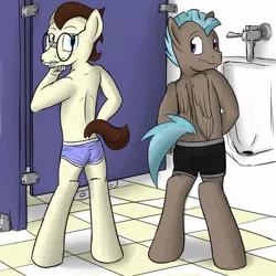 Size: 1280x1280 | Tagged: 8-bit, 8-bit (character), anthro, artist:fuzebox, bathroom, clothes, derpibooru import, gizmo, high school, male, males only, partial nudity, school, sink, suggestive, topless, underwear, unguligrade anthro, urinal