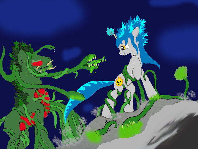 Size: 1024x768 | Tagged: safe, artist:god2000zilla, derpibooru import, ponified, kaiju, kaiju pony, original species, plant pony, pony, biollante, fight, godzilla, godzilla (series), plant