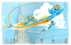 Size: 1000x626 | Tagged: artist:amy mebberson, chrysler building, city, cityscape, derpibooru import, flying, misty fly, new york, rainbow dash, safe, soarin', spitfire, surprise, trail, wonderbolts