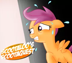 Size: 1280x1138 | Tagged: artist:ajmstudios, derpibooru import, fear, nose wrinkle, safe, scared, scootaloo, scootaloo's scootaquest, solo, teaser