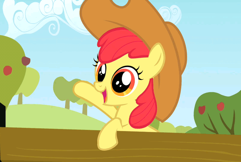 Size: 803x540 | Tagged: safe, derpibooru import, screencap, apple bloom, earth pony, pony, the last roundup, :q, accessory swap, adorabloom, animated, applejack's hat, bipedal, cheering, cowboy hat, cute, female, fence, filly, frown, gritted teeth, hat, open mouth, smiling, solo, tongue out, uvula, volumetric mouth, waving, wide eyes