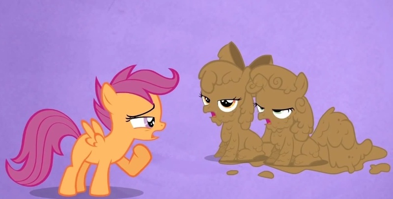 Size: 1006x511 | Tagged: apple bloom, cutie mark crusaders, derpibooru import, hearts and hooves day, hearts and hooves day (episode), meme, mud, out of context, safe, scootaloo, screencap, sweetie belle, sweetiepoo