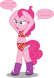 Size: 726x1036 | Tagged: safe, artist:thelastgherkin, derpibooru import, pinkie pie, pony, bikini, bipedal, boots, clothes, equestria girls (song), hoof boots, shoes, solo, swimsuit