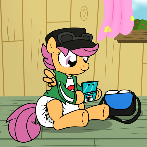 Size: 800x800 | Tagged: 3ds, artist:fillyscoots42, ask crinkleloo, bag, crinkleloo, derpibooru import, diaper, diaper fetish, fetish, pokémon, poofy diaper, questionable, scootaloo, solo, tumblr, video game