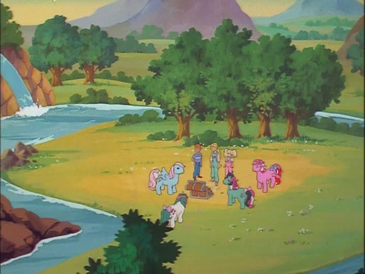 Size: 718x540 | Tagged: danny williams, derpibooru import, fizzy, g1, galaxy (g1), gusty, human, megan williams, molly williams, mountain, my little pony 'n friends, river, safe, scenery, screencap, treasure chest, tree, twinkle eyed pony, valley, wind whistler