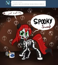 Size: 906x1006 | Tagged: safe, artist:jessy, derpibooru import, oc, oc:palette swap, unofficial characters only, earth pony, pony, tumblr:ask palette swap, >:), clothes, costume, female, looking at you, mare, nightmare night, paint, skeleton costume, skull, smiling, solo, spooky, tumblr