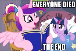 Size: 1199x802 | Tagged: safe, deleted from derpibooru, derpibooru import, princess cadance, twilight sparkle, alicorn, pony, unicorn, bedtime story, book, cadance's bedtime stories, duo, exploitable meme, looking up, meme, younger