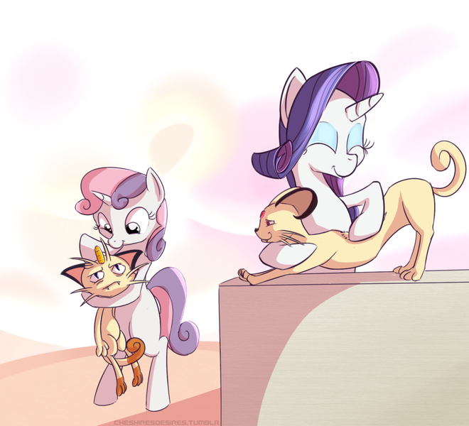 Size: 1100x1000 | Tagged: artist:cheshiresdesires, crossover, derpibooru import, hilarious in hindsight, meowth, persian, pokémon, rarity, safe, sweetie belle