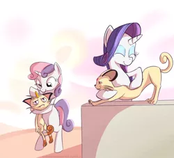 Size: 1100x1000 | Tagged: artist:cheshiresdesires, crossover, derpibooru import, hilarious in hindsight, meowth, persian, pokémon, rarity, safe, sweetie belle