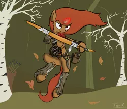 Size: 1400x1200 | Tagged: safe, artist:php49, derpibooru import, oc, unofficial characters only, pony, unicorn, archery, armor, arrow, bipedal, bow (weapon), bow and arrow, glare, jumping, magic, solo, telekinesis, tree bark, weapon