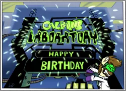 Size: 2419x1741 | Tagged: artist:gray--day, birthday, calpain, crossover, derpibooru import, dexter's laboratory, goggles, oc, oc:calpain, safe