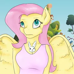 Size: 4000x4000 | Tagged: safe, artist:lisa400, derpibooru import, angel bunny, fluttershy, anthro, bat pony, absurd resolution, breasts, busty fluttershy, female, flutterbat, fluttershy's cottage, race swap