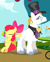 Size: 434x540 | Tagged: safe, derpibooru import, screencap, apple bloom, persnickety, pony, hearts and hooves day (episode), animated, bipedal, bipedal leaning, faceplant, hat, hearts and hooves day, leaning, monocle, the perfect stallion, top hat