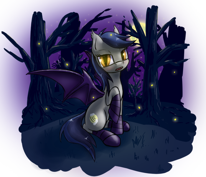 Size: 1500x1287 | Tagged: safe, artist:hieronymuswhite, derpibooru import, oc, oc:echo, unofficial characters only, bat pony, firefly (insect), insect, pony, clothes, forest, moon, night, slenderman, socks, solo, striped socks, tree