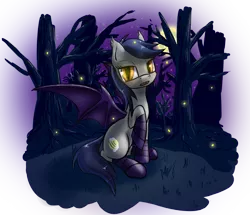 Size: 1500x1287 | Tagged: safe, artist:hieronymuswhite, derpibooru import, oc, oc:echo, unofficial characters only, bat pony, firefly (insect), insect, pony, clothes, forest, moon, night, slenderman, socks, solo, striped socks, tree