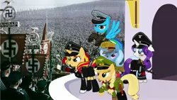 Size: 3000x1686 | Tagged: safe, artist:holsternicholson, derpibooru import, applejack, rainbow dash, rarity, sunset shimmer, trixie, pony, nazi, that's our sid, why sid why