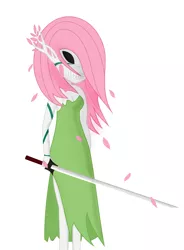 Size: 3000x4079 | Tagged: artist:feralhamster, bleach (manga), derpibooru import, fluttershy, hollow, human, humanized, safe, simple background, solo, sword, weapon, white background