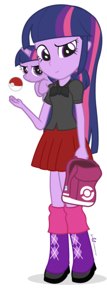 Size: 368x1000 | Tagged: safe, artist:dm29, derpibooru import, twilight sparkle, pony, equestria girls, backpack, crossover, duo, female, filly, human ponidox, pokéball, pokémon, pony pet, ponymon, self ponidox, simple background, square crossover, transparent background