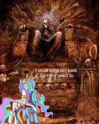 Size: 1115x1386 | Tagged: grimdark, artist:john blanche, derpibooru import, princess celestia, rainbow dash, alicorn, pegasus, pony, bitchlestia, butt, celestia's grave meme, exploitable meme, female, god-emperor of mankind, golden throne, implied death, mare, meme, plot, warhammer (game), warhammer 40k