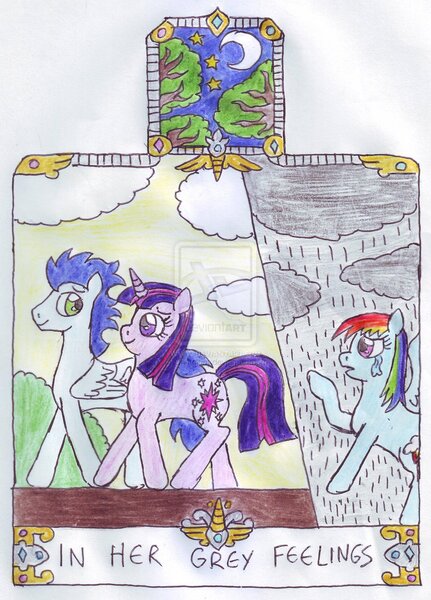 Size: 1024x1425 | Tagged: artist:chatsium, derpibooru import, female, heartbreak, male, rainbow dash, sad, safe, shipping, soarin', soarlight, straight, traditional art, twilight sparkle, watermark