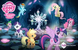 Size: 2000x1282 | Tagged: safe, derpibooru import, official, applejack, fluttershy, pinkie pie, rainbow dash, rarity, spike, tree of harmony, twilight sparkle, twilight sparkle (alicorn), alicorn, pony, princess twilight sparkle (episode), season 4, cave, female, glowing flower, mane seven, mane six, mare