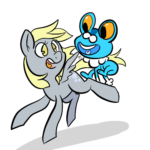 Size: 500x500 | Tagged: safe, artist:mt, derpibooru import, derpy hooves, froakie, pegasus, pony, crossover, female, happy, mare, pokémon, pokémon x and y