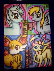 Size: 720x960 | Tagged: safe, artist:karrit, derpibooru import, derpy hooves, lyra heartstrings, fennekin, pegasus, pony, sylveon, female, mare, ninfia, nymphia, photo, pokémon, pokémon x and y, traditional art