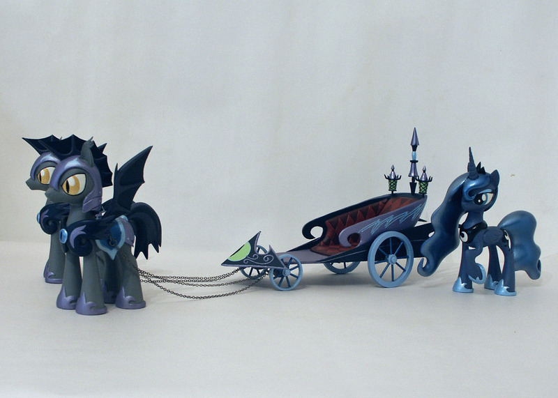 Size: 1400x1000 | Tagged: safe, artist:groovebird, derpibooru import, echo (bat pony), nocturn, princess luna, bat pony, pony, chariot, craft, custom, echo and nocturn, figure, guards, irl, luna's chariot, night guard, photo, royal guard, sculpture, toy