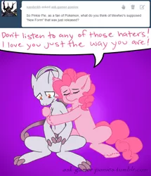 Size: 636x740 | Tagged: artist:maniacalmelody, comforting, crossover, crying, derpibooru import, hug, mega evolution, mega mewtwo y, mewtwo, pinkie pie, pokémon, pokémon x and y, sad, safe, text, tumblr