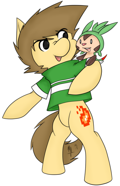 Size: 900x1388 | Tagged: safe, artist:kaelerreons, derpibooru import, oc, chespin, earth pony, pony, bipedal, clothes, crossover, male, pokémon, pokémon x and y, shirt, stallion