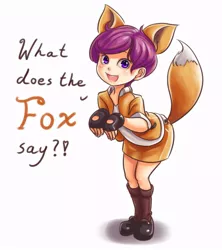 Size: 800x900 | Tagged: artist:ninjaham, cute, cutealoo, derpibooru import, eared humanization, human, humanized, safe, scootaloo, solo, tailed humanization, the fox, what does the fox say?, ylvis