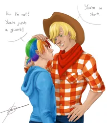 Size: 837x954 | Tagged: applejack, applejack (male), artist:melodicmadness, derpibooru import, dialogue, human, humanized, rainbow blitz, rainbow dash, rule 63, safe, size difference