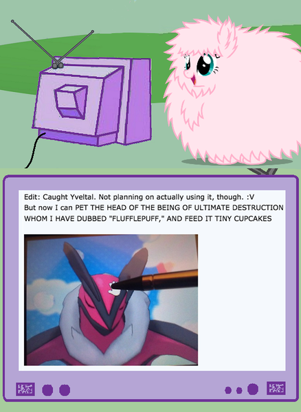 Size: 563x771 | Tagged: derpibooru import, exploitable meme, meme, nintendo, obligatory pony, oc, oc:fluffle puff, pokémon, pokémon amie, pokémon x and y, safe, stylus, tv meme, video game, yveltal